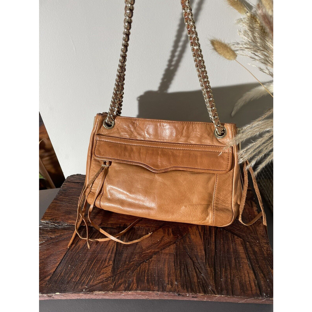 Rebecca Minkoff, Tan Leather  Gold Tone Metal Chain Link Strap Side Zippers